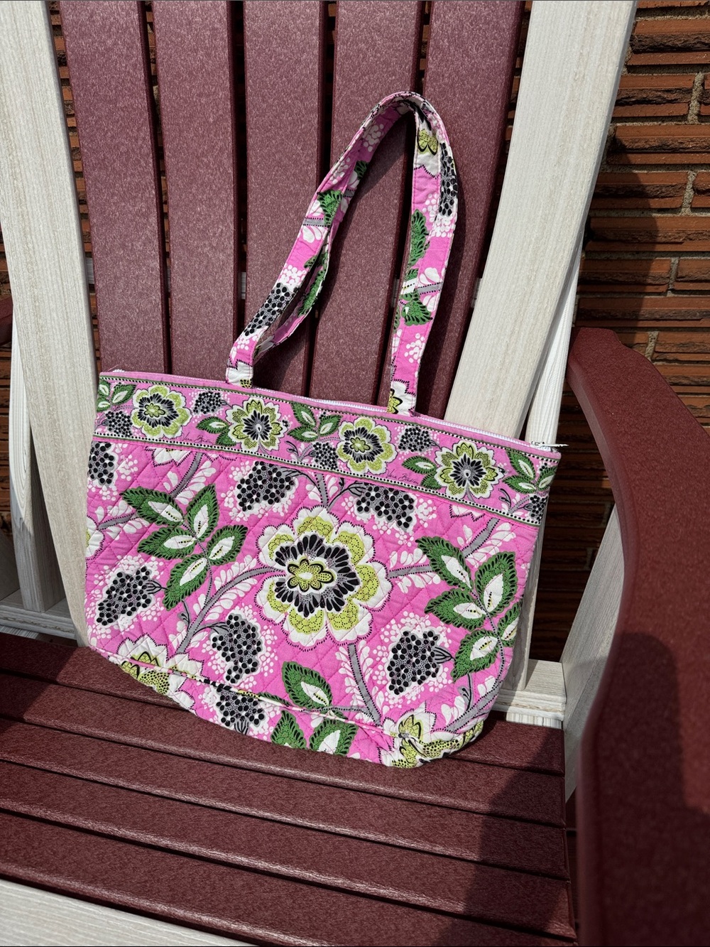 Vera Bradley Pink Floral Quilted Tote with Green Accents
